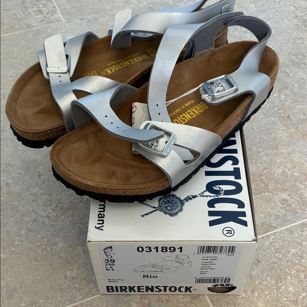 Birkenstock Rio Birko-Flor Sandals in Silver sz 39 Med width
